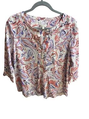 Talbots Pink Paisley Lightweight Split-Neck Blouse - Petite Med